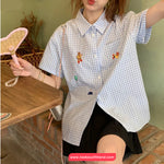 Short Sleeve Cute Bear Embroidery Plaid Blouse Shirt