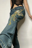 High Waist Vintage Butterfly Embroidered Pattern Jeans Pants