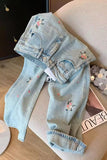High Waist Flowers Embroidered Long Jeans Pants