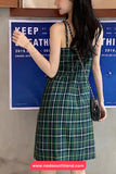 Green Plaid Slash Neck Sleeveless Summer Dress