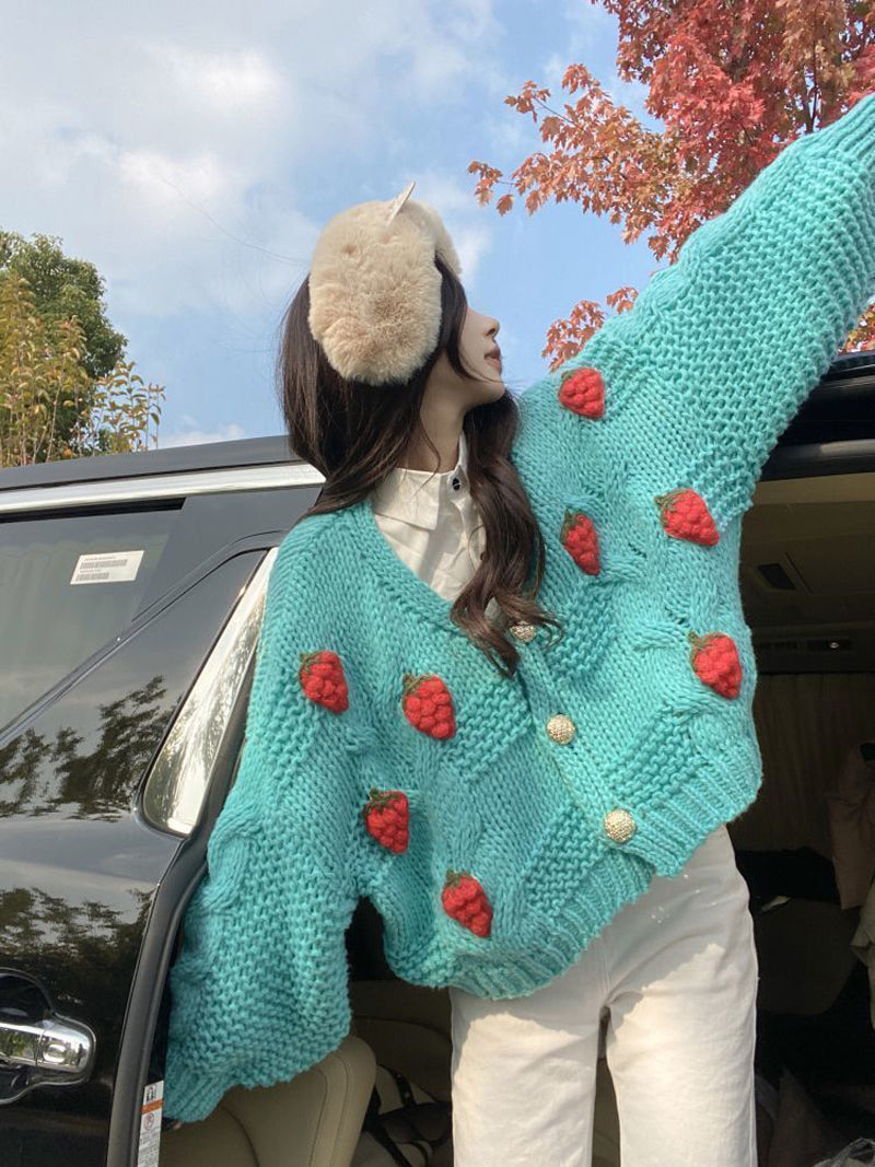 Loose Strawberry Pattern Knitted Cardigan Sweater – Nada Outfit Land