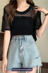 Short Sleeve O-Neck Hollow Out Summer Shirts