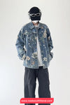 Long Sleeve Retro Flowers Pattern Denim Jeans Jacket