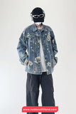 Long Sleeve Retro Flowers Pattern Denim Jeans Jacket