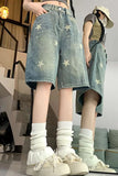 Loose Stars Pattern Washed Color Denim Shorts