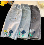 Retro Flowers Cartoon Back Printed Denim Shorts