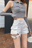 High Waist Cargo Pockets Denim Shorts