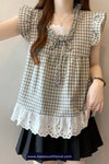 Retro Lace Patchwork Cute Plaid Blouse Shirt