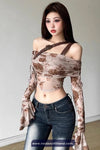 Long Sleeve Roses Pattern Off Shoulder Flare Shirt