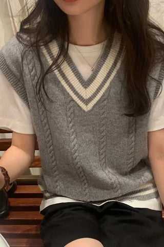 V-Neck Collar Striped Sleeveless Sweater