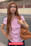 Short Sleeve Retro Pink Striped Pocket Blouse Shirt