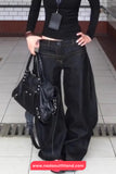 High Waist Washed Black Style Loose Jeans Pants