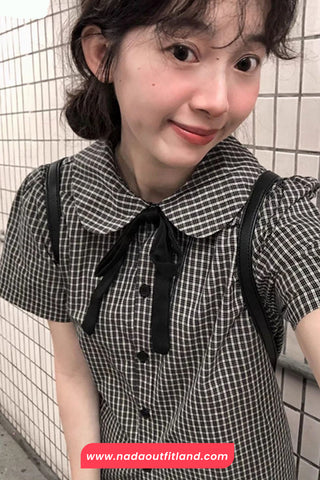 Short Sleeve Doll Collar Plaid Pattern Blouse Shirt