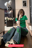 High Waist Green Ripped Hole Jeans Pants