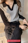 Long Sleeve Collar Knitted Slim Sweater