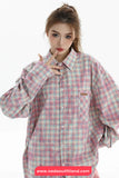 Long Sleeve Retro Plaid Tie Dye Style Blouse Shirt