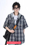 Short Sleeve Hooded Plaid Blouse Shirt