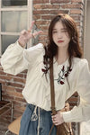 V-Neck Flower Embroidered Blouse Shirt