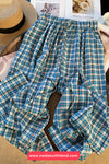 Loose Floral Pattern Blue Plaid Drawstring Long Pants