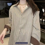 Long Sleeve Coffee Colors Striped Elegant Blouse Shirt