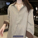 Long Sleeve Coffee Colors Striped Elegant Blouse Shirt