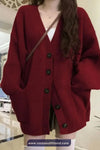 Long Sleeve V-Neck Knitted Maroon Cardigan Sweater