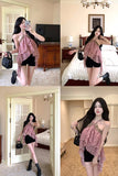 Woman in a pink checkered dress and black shorts posing in various rooms.