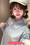Turn Down Collar Flower Embroidered Lace Patchwork Striped Long Dress