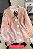 Long Sleeve V-Neck Cute Bow Floral Button Cardigan Sweater