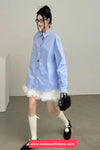 Long Sleeve Blue Striped Colorful Buttons Blouse Shirt