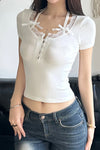 Short Sleeve Cute Bow Lace Trim Shirt