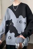Upgrade your Grandpa Core Aesthetic with this Loose Cat Pattern O-Neck Sweater. The ultimate essential for Harajuku style outfits, whimsical animal printed knitwear trends, and cozy everyday autumn lookbooks. Featuring a flattering oversized fit and a bold retro cat motif, this pullover knit is a must-have for your Aesthetic Sweaters or Cottagecore Clothing collection.
