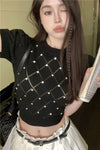 Puff Sleeve Beads O-Neck Knitted Slim Shirt