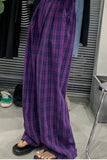High Waist Long Casual Purple Plaid Pants
