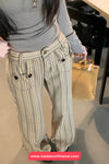 High Waist Striped Style Brown Denim Pants