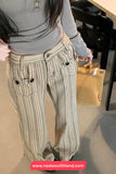 High Waist Striped Style Brown Denim Pants