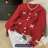 Long Sleeve Bow Patchwork Knitted Cardigan Sweater