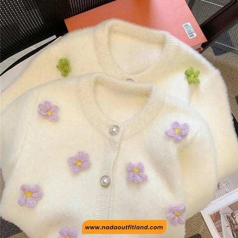 Long Sleeve 3D Flowers Pattern O-Neck Cardigan Sweater