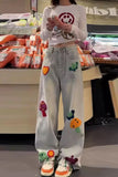 High Waist Cute Mushroom Embroidered Jeans Pants