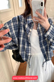 Long Sleeve Loose Drawstring Plaid Blouse Shirt