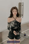 Long Sleeve Tie Dye Sexy Halter Neck Cropped Slim Shirt