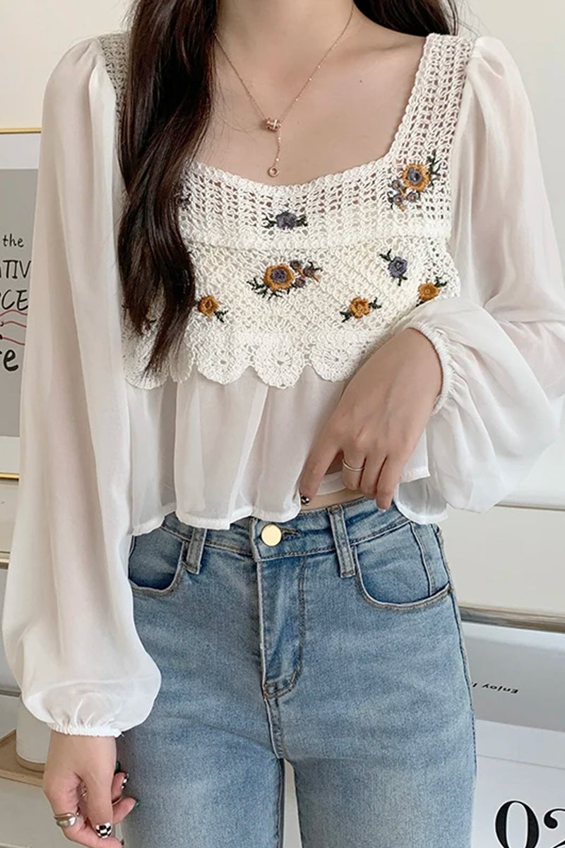 Long Sleeve Flower Embroidered Crochet Blouse Shirts – Nada Outfit Land