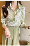 Long Sleeve Turn Down Collar Green Office Blouse Shirts