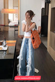 Cute Bow Lace Patchwork Wide Leg Jeans Pants