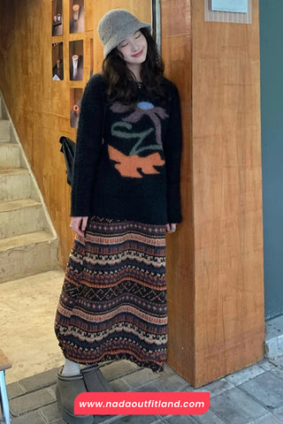 High Waist Retro Pattern Woolen Long Skirts