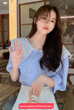Short Sleeve Peter Pan Collar Plaid Blouse Shirt