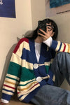 Striped V-Neck Tie Button Cardigan Sweater