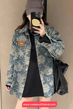 Long Sleeve Retro Flowers Pattern Denim Blouse Shirt