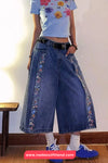 Loose Retro Floral Decoration Jeans Pants
