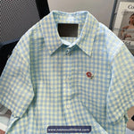 Short Sleeve Cute Flower Pocket Embroidered Plaid Blouse Shirt